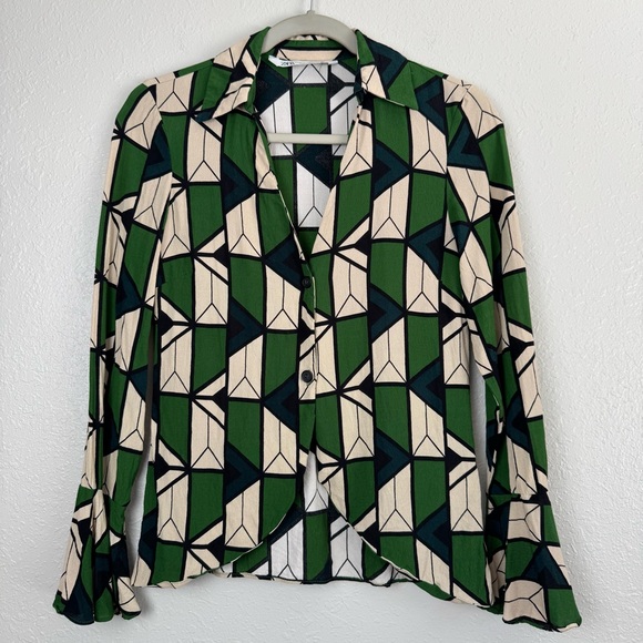 Zara green geometric button down front flare sleeve blouse 70s XS - Picture 3 of 11